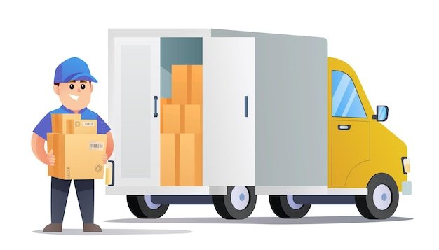 [freepicdownloader.com]-cute-courier-bring-packages-with-delivery-truck-illustration-normal